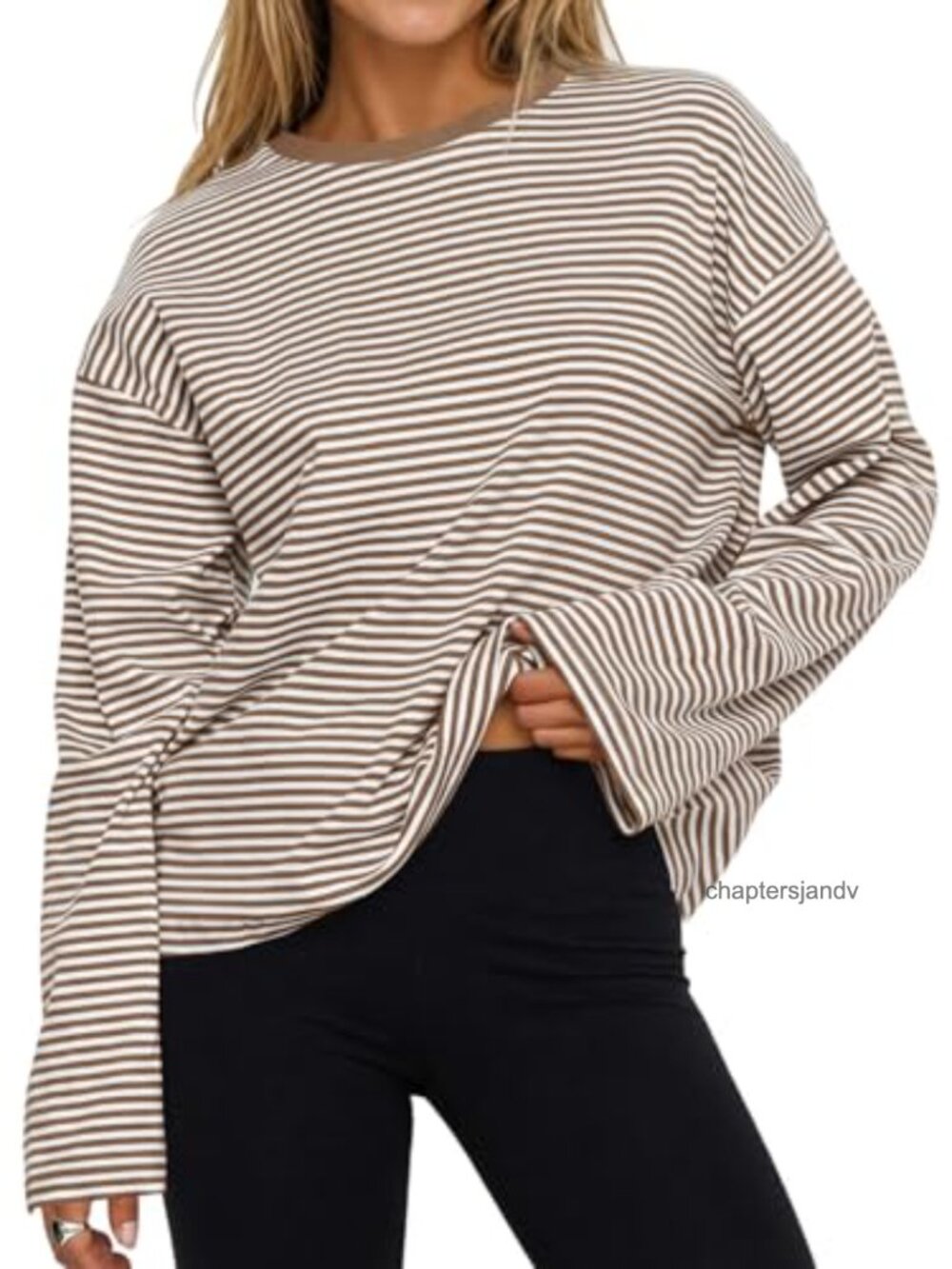 Oversized Striped Cotton Long Sleeve Tee Crew Neck Loose Fit Top